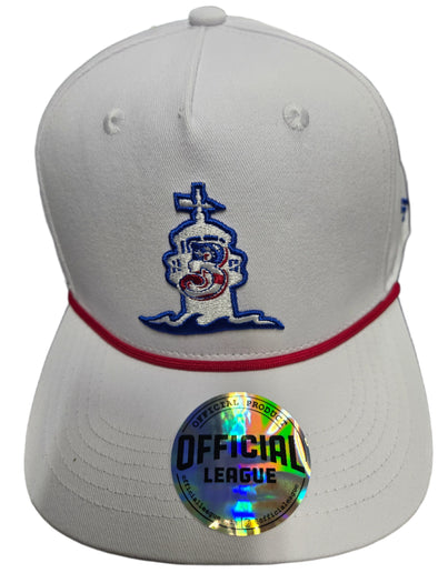 Official League White A-Frame cap with Biloxi Lighthouse in Red, White, and Blue