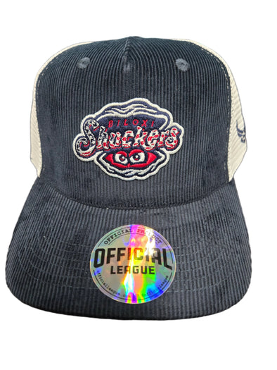 Official League Corduroy Driver Cap in Navy with Shuckers Logo in Patriotic Colors.