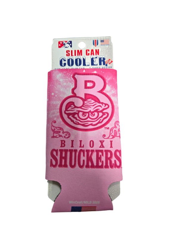 Biloxi Shuckers Pink Slim Can Cooler/Koozie
