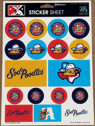 Amarillo Sod Poodles Yellow, Red, & Blue Classic Logos 17-Piece Sticker Sheet