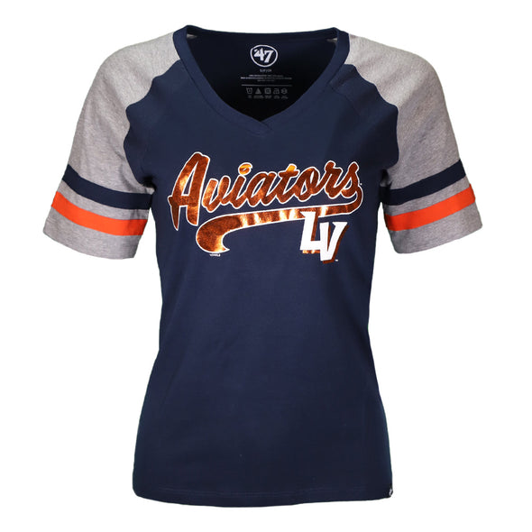 Women's Las Vegas Aviators '47 Brand Aviators Script LV Shiner Pavilion Navy/Gray Raglan Short Sleeve T-Shirt