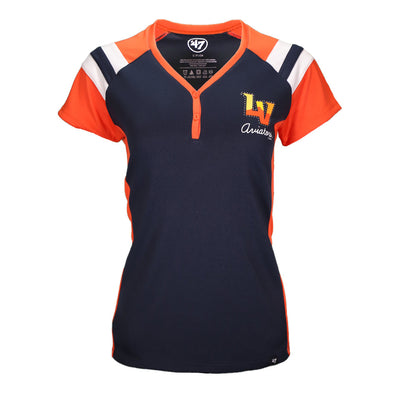 Women's Las Vegas Aviators '47 Brand LV Triple Play Henley Navy/Orange Varsity Short Sleeve T-Shirt