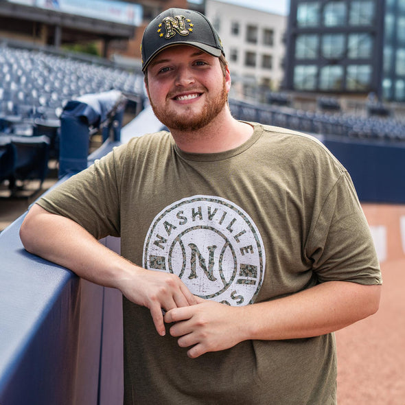 Nashville Sounds 108 Stitches Green Camo Primary Logo Tee