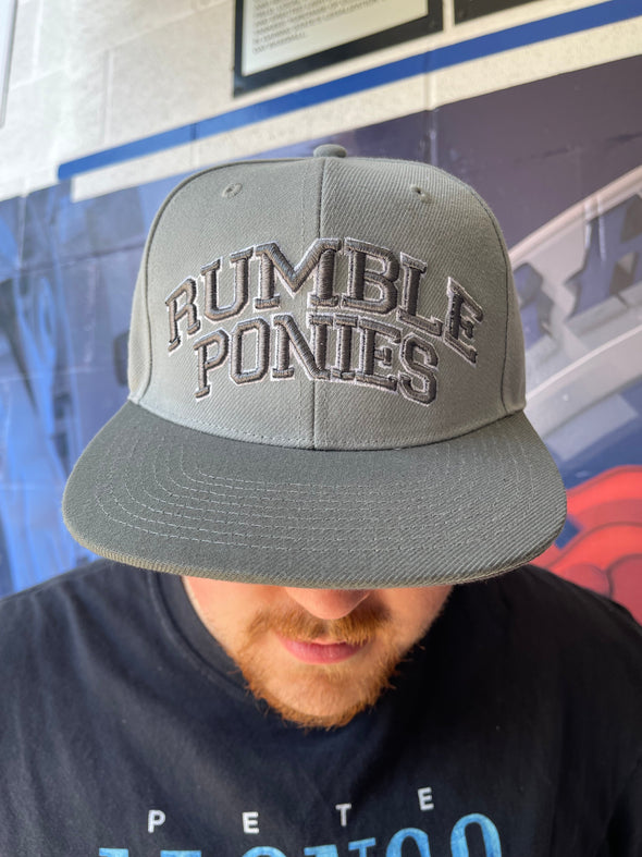 BRP NEW!  GRAY ON GRAY SNAPBACK ADJUSTABLE HAT WITH RUMBLE PONIES WORDMARK AND BOXING ROWDY LOGO ON RIGHT SIDE