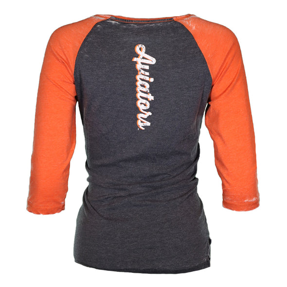 Women's Las Vegas Aviators New Era LV Burnout Wash Gray/Orange Raglan 3/4 Sleeve T-Shirt