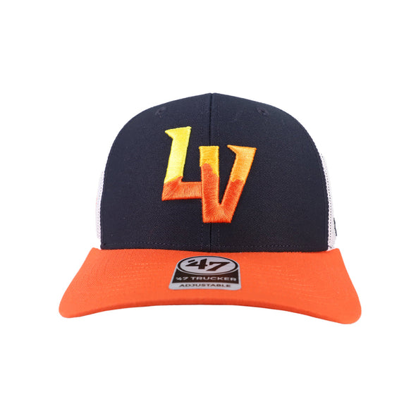 Las Vegas Aviators '47 Brand LV Navy/Orange/White Side Note Trucker Snapback Hat