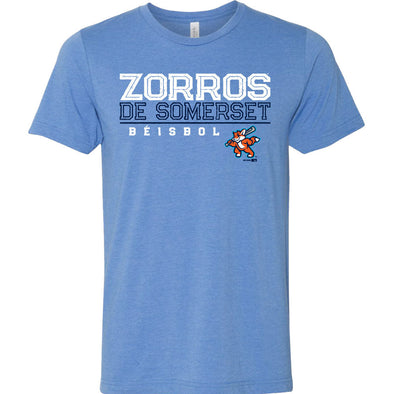 Somerset Patriots Adult Premium Heathered Copa de la Diversion Zorros de Somerset Columbia Blue Opposition Tshirt