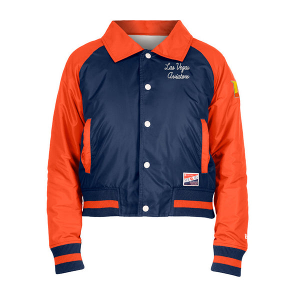 Women's Las Vegas Aviators New Era Left Chest Script/Chenille Back Navy/Orange Button-Up Jacket