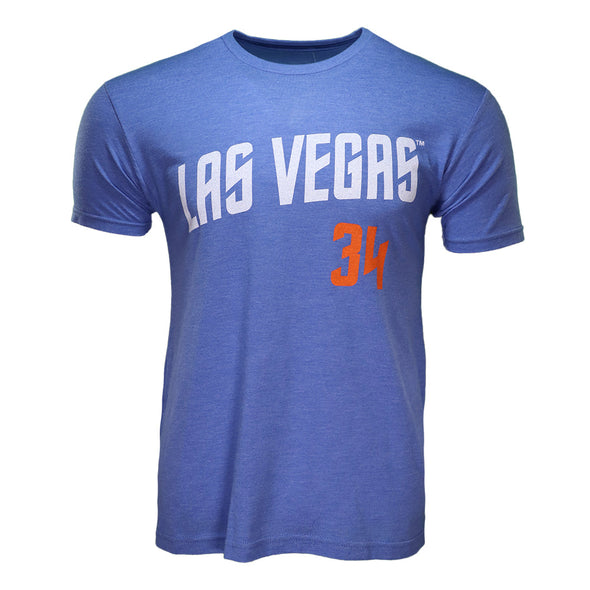 Men's Las Vegas 51s 108 Stitches Pete Alonso #34 Name & Number Blue Tri-Blend Short Sleeve T-Shirt