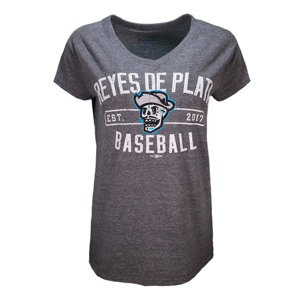 Women's Reyes de Plata Champion RDP Baseball Est. 2017 Gray V-Neck Short Sleeve T-Shirt