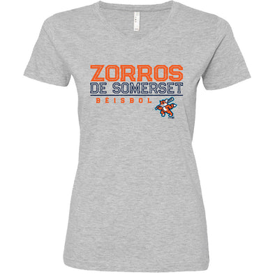 Somerset Patriots Ladies Heather Grey Longer Length Zorros de Somerset Opposition Copa Vneck Tshirt