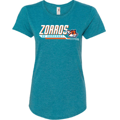 Somerset Patriots Ladies Triblend Heather Galapagos Blue Zorros de Somerset Disposition Copa Scoopneck Tshirt