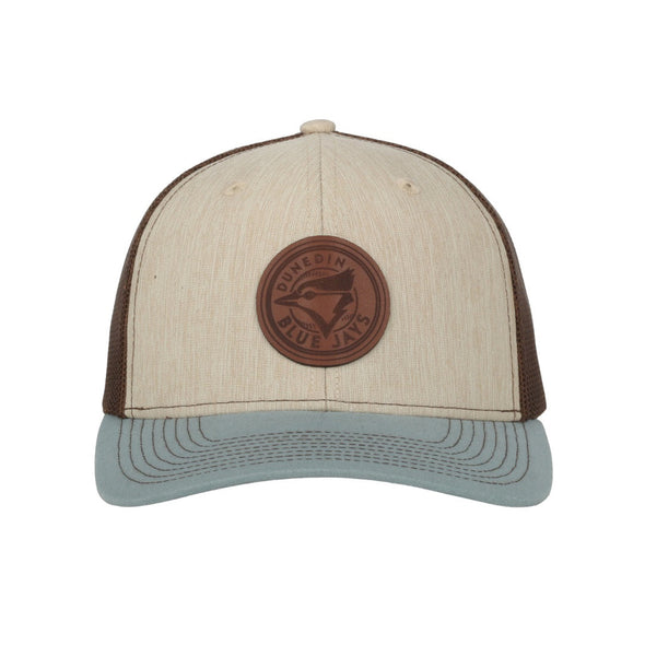 Dunedin Blue Jays Stone Brown Leather Circle Patch Trucker