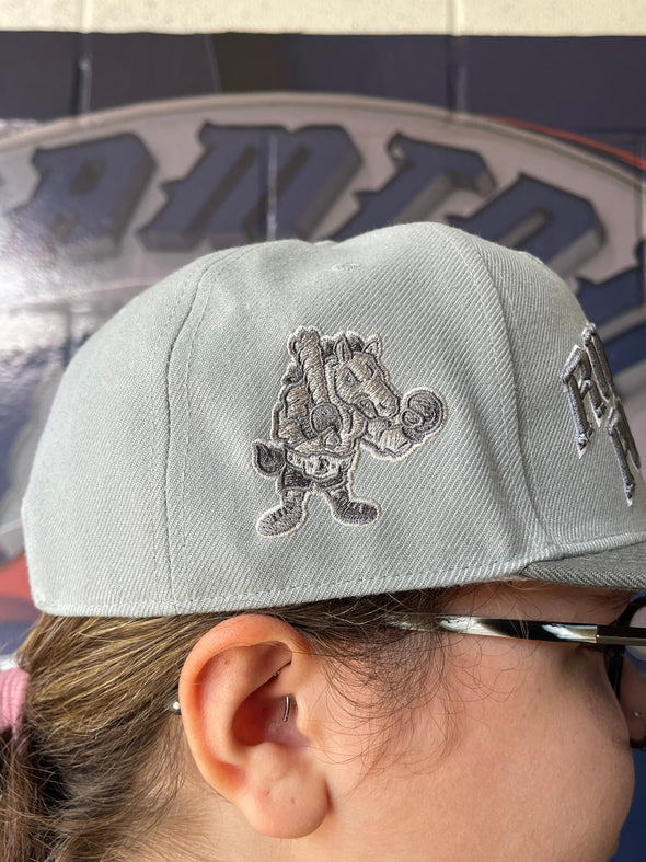 BRP NEW!  GRAY ON GRAY SNAPBACK ADJUSTABLE HAT WITH RUMBLE PONIES WORDMARK AND BOXING ROWDY LOGO ON RIGHT SIDE