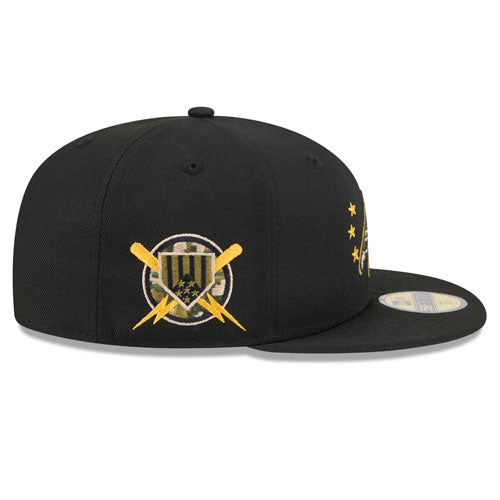 MYRTLE BEACH PELICANS NEW ERA 2024 BLACK ARMED FORCES 59FIFTY FITTED CAP
