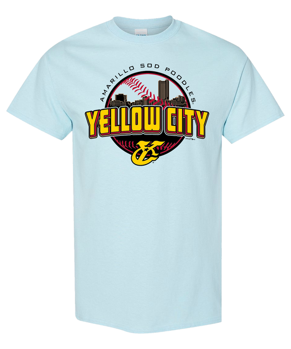 Amarillo Sod Poodles Seaglass Blue Yellow City Pigweeds Tee