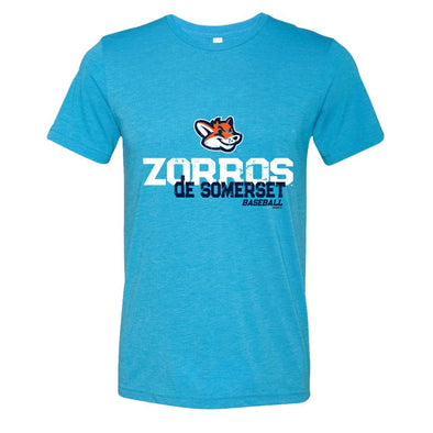 Somerset Patriots Adult Aqua Triblend Zorros de Somerset Plane Rotation T-shirt