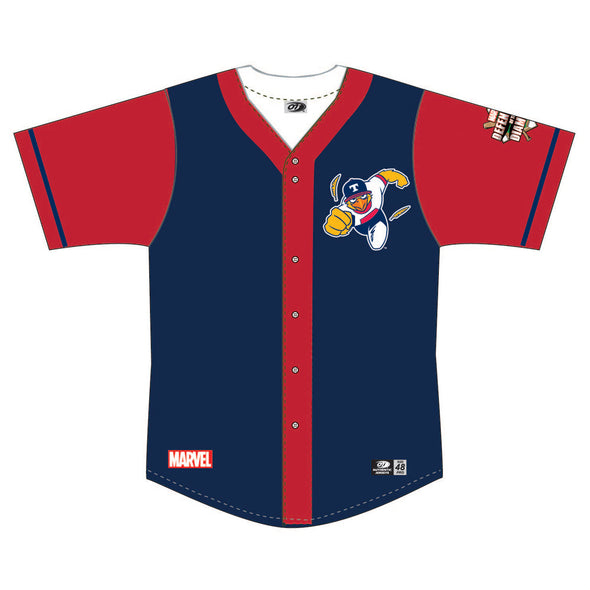 Toledo Mud Hens Marvel's Defenders of the Diamond Adult Red/Navy Marvel Muddy Jersey