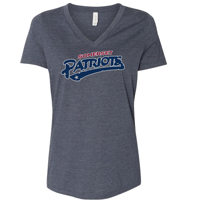 Somerset Patriots Womens V-neck Heather Navy Wordmark Tee