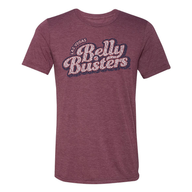 Las Vegas Belly Busters 108 Stitches Theme Night Collection Spelled Out Maroon Tri-Blend Short Sleeve T-Shirt
