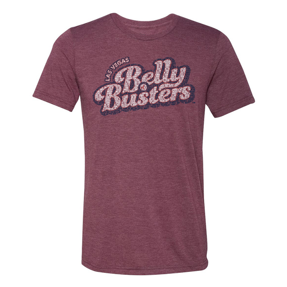 Las Vegas Belly Busters 108 Stitches Theme Night Collection Spelled Out Maroon Tri-Blend Short Sleeve T-Shirt