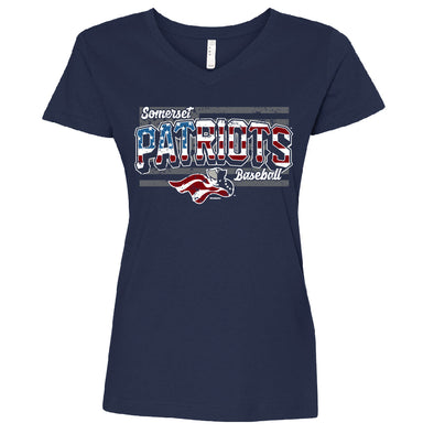 Somerset Patriots Ladies Longer Length V-Neck Navy Stars & Stripes Cartwright Tee