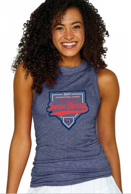 Jacksonville Jumbo Shrimp Soft As A Grape Ladies Denim High Neck Tank