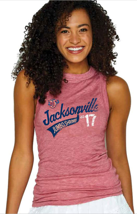 Jacksonville Jumbo Shrimp Soft As A Grape Ladies Crimson High Neck Tank