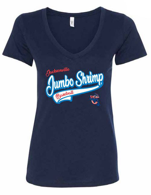 Jacksonville Jumbo Shrimp Soft As A Grape Ladies Navy Ideal V Neck