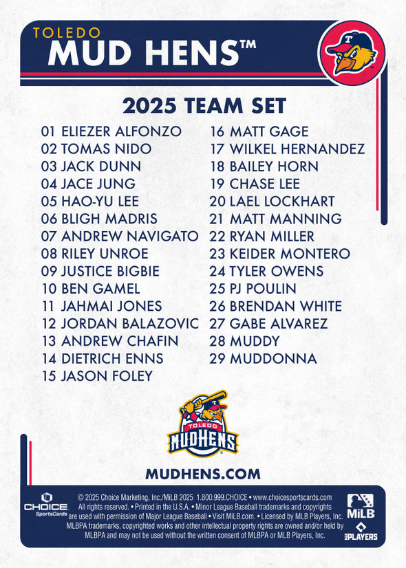 Toledo Mud Hens 2025 Baseball Card Team Set
