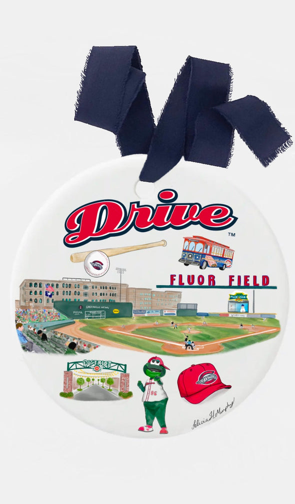 Greenville Drive Ceramic Collage Ornament with Navy Ribbon