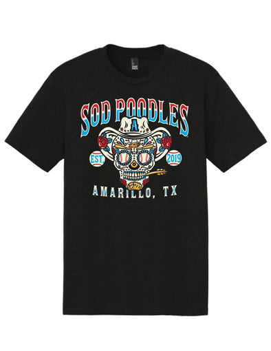 Amarillo Sod Poodles Black Game Sugar Skull Tee