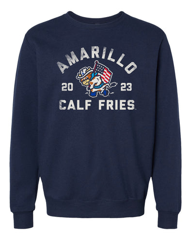 Amarillo Sod Poodles Calf Fries Navy Waving Flag Crewneck