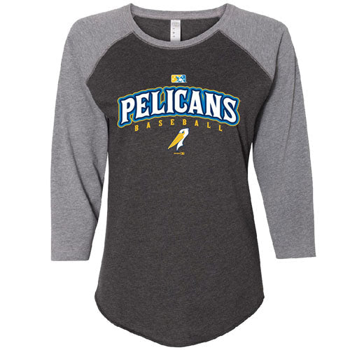 MYRTLE BEACH PELICANS BIMM RIDDER LADIES GRAY & SMOKE 3/4 SLEEVE DOWNPLAY RAGLAN TEE