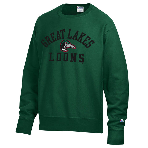 Great Lakes Loons Champion Green Reverse Weave Crewneck