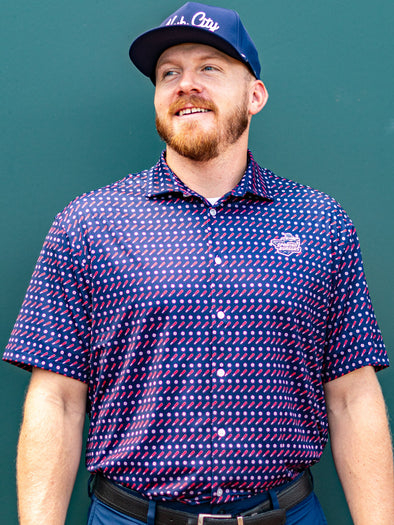 Men's Navy Batter-Up Full Button Down Polo