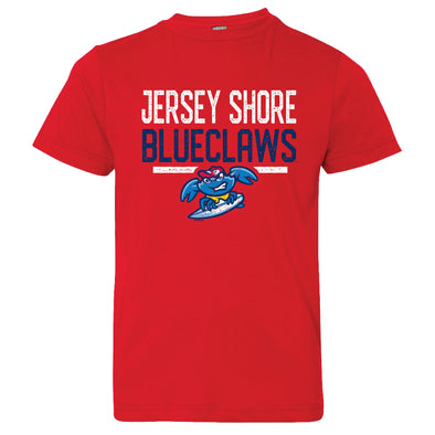 Jersey Shore BlueClaws Youth T-Shirt Manchu Surfing Crab