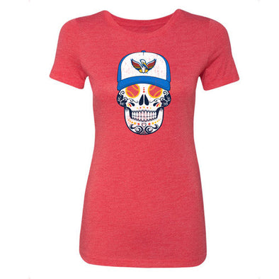 MYRTLE BEACH PELICANS 108 STITCHES PELICANOS DE MYRTLE BEACH LADIES RED SUGAR SKULL TEE