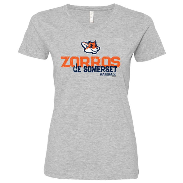 Somerset Patriots Heather Ladies  Zorros de Somerset Rotation Copa V-neck Longer Length T-shirt