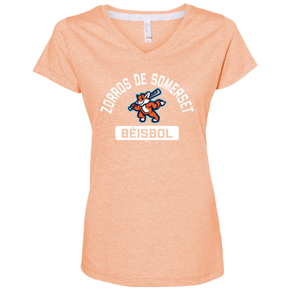 Somerset Patriots Ladies Papaya Melange  Zorros de Somerset Plane Copa V-neck T-shirt