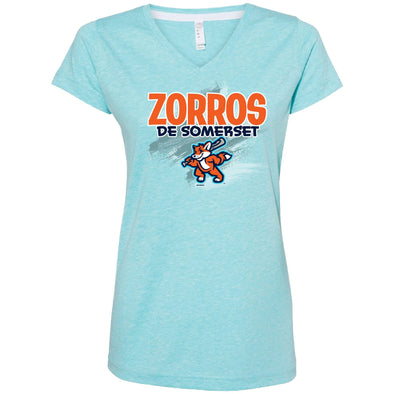 Somerset Patriots Ladies Caribbean Melange  Zorros de Somerset Fulltone Copa Vneck Tshirt