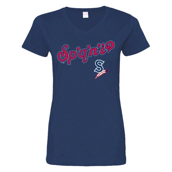 Spokane Indians Ladies V-Neck Navy Salish Wording Tee