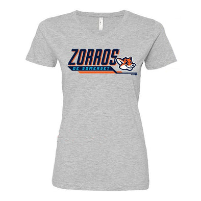 Somerset Patriots Ladies Heather Grey Longer Length Zorros de Somerset Disposition Copa V-neck Tshirt