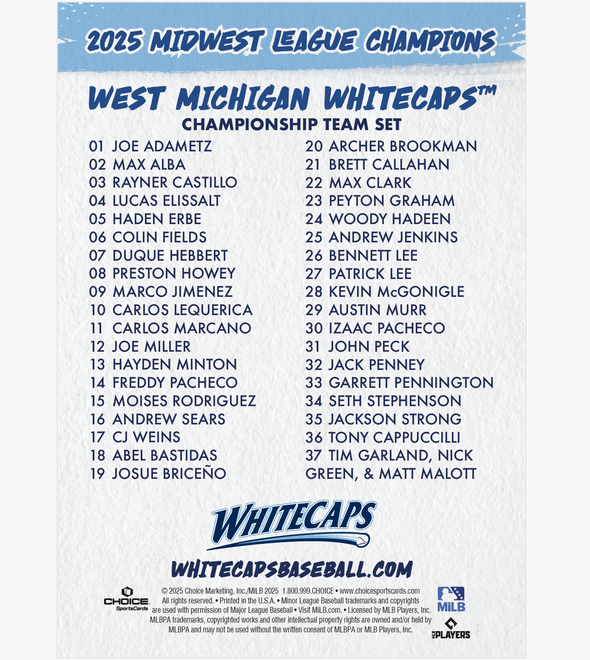West Michigan Whitecaps 2025 Champions Post-Season Team Card Set