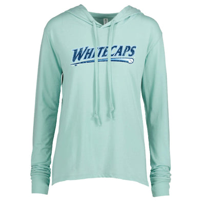 West Michigan Whitecaps Ladies Distressed Script LS Hooded Seaglass Tee