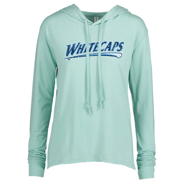 West Michigan Whitecaps Ladies Distressed Script LS Hooded Seaglass Tee