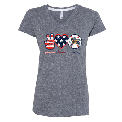 W Women’s Hub City Spartanburgers Peace, Love, & Spartanburgers V Neck T-Shirt