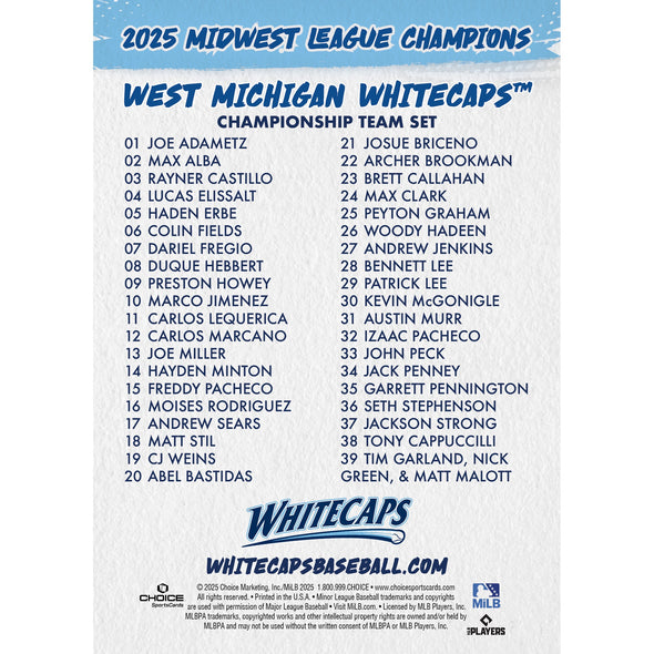 West Michigan Whitecaps 2025 Champions Post-Season Team Card Set - PREORDER