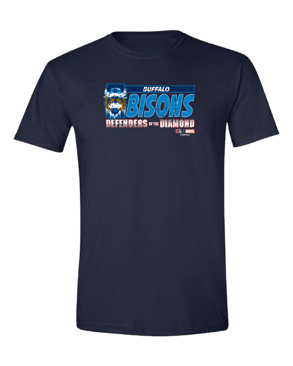 Buffalo Bisons Youth Marvel's Defenders of the Diamond Navy DOTD Tee