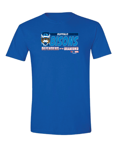 Buffalo Bisons Youth Marvel's Defenders of the Diamond Royal DOTD Tee